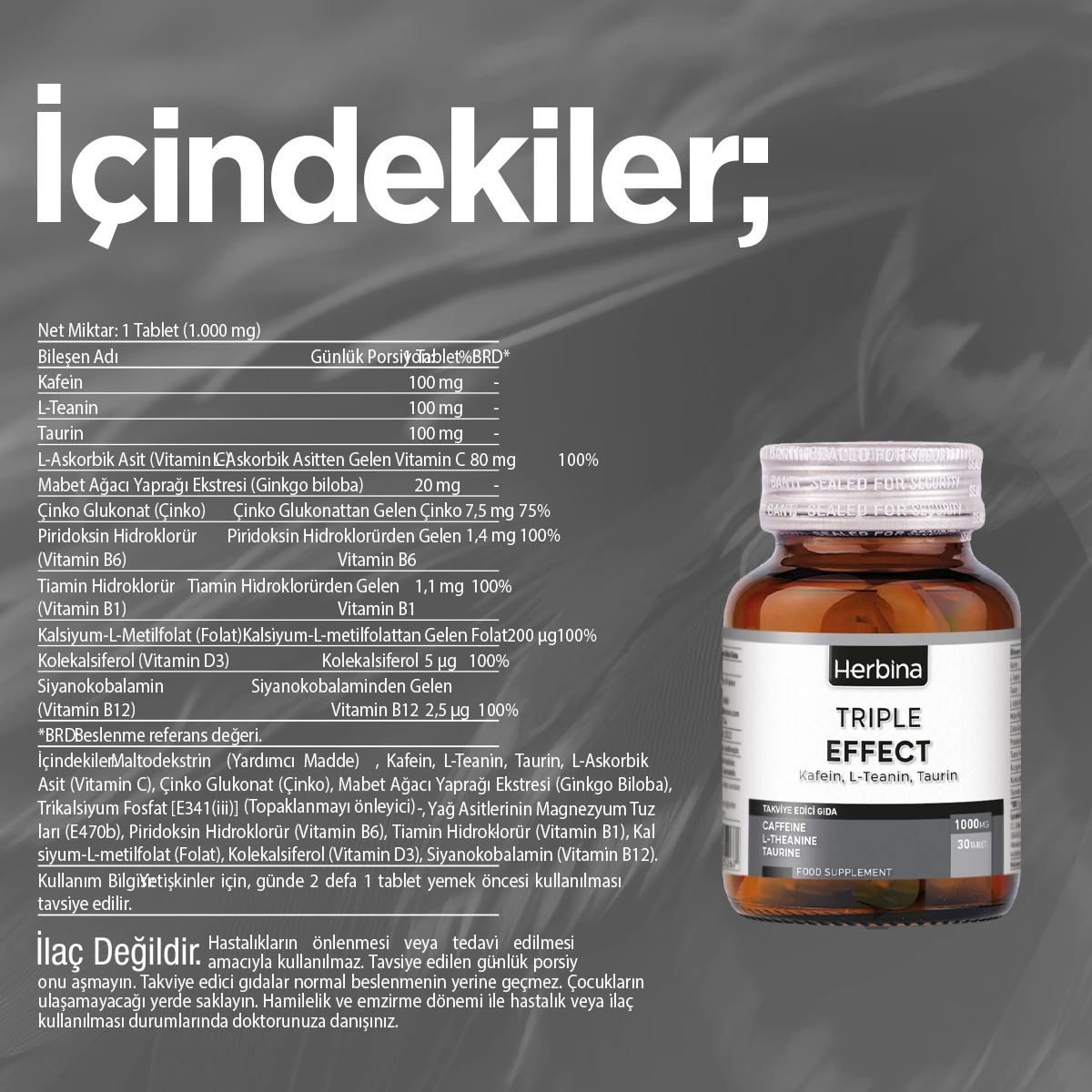 Herbina TRIPLE EFFECT KAFEİN, L-TEANİN, TAURİN 30 TABLET